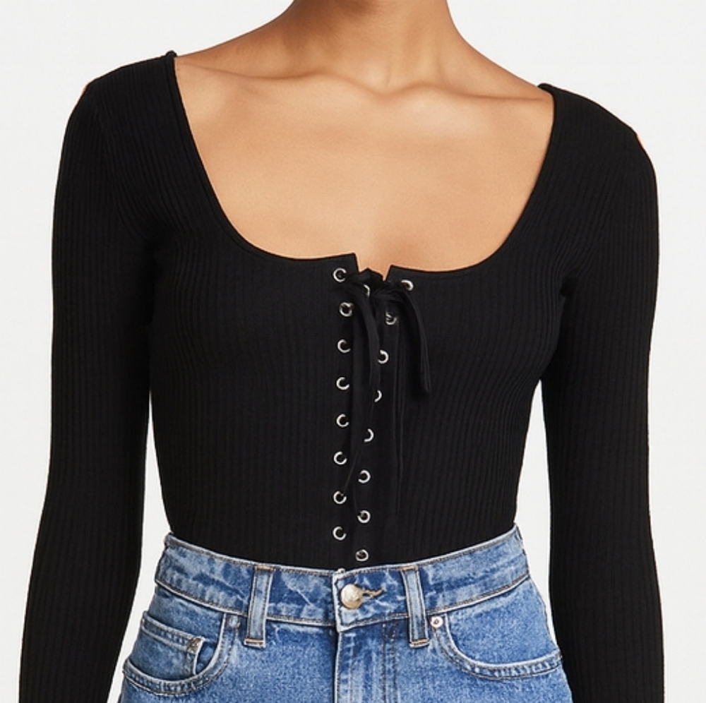 Forever 21 Lace Up Ribbed Bodysuit Top Black Large - Picture 11 of 12